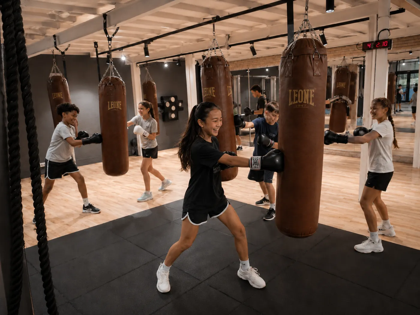 Niño entrenando con saco pesado en el Campus de Boxa Gallego Prada 360