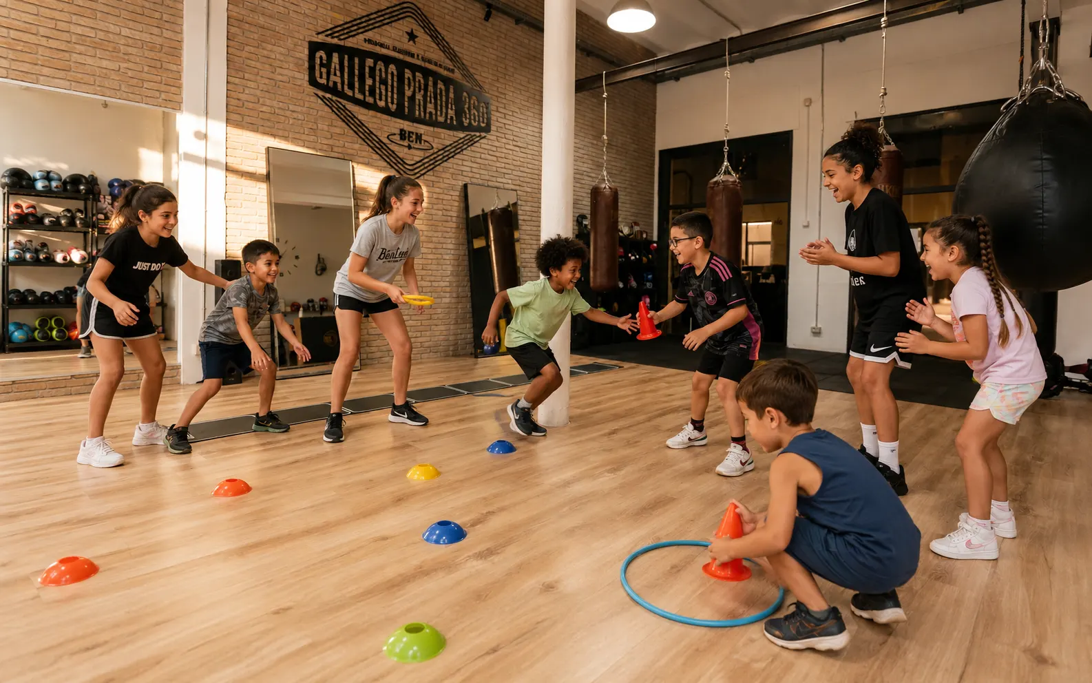 Niños haciendo circuitos y juegos en el Campus de Boxa Gallego Prada 360