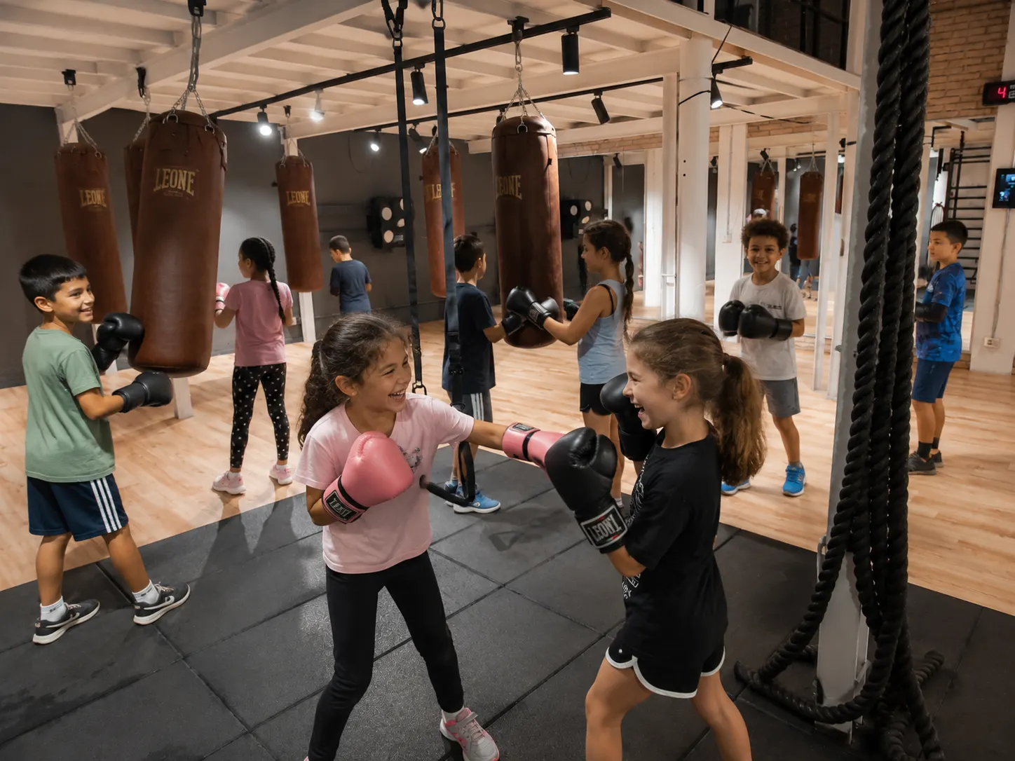 Niñas haciendo sparring controlado con guantes en el Campus de Boxa Gallego Prada 360