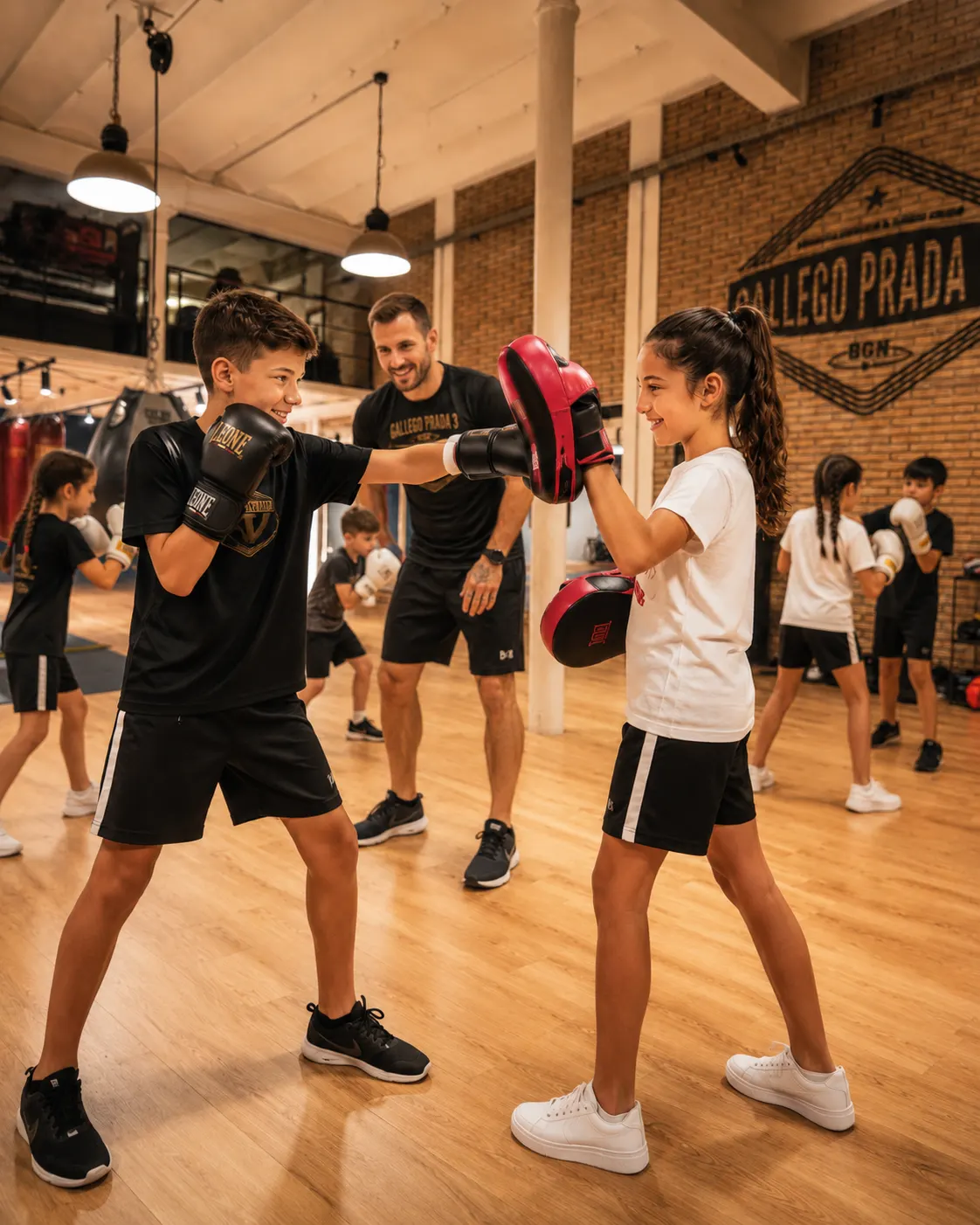 Niños y niñas entrenando boxa en el campus de verano Gallego Prada 360